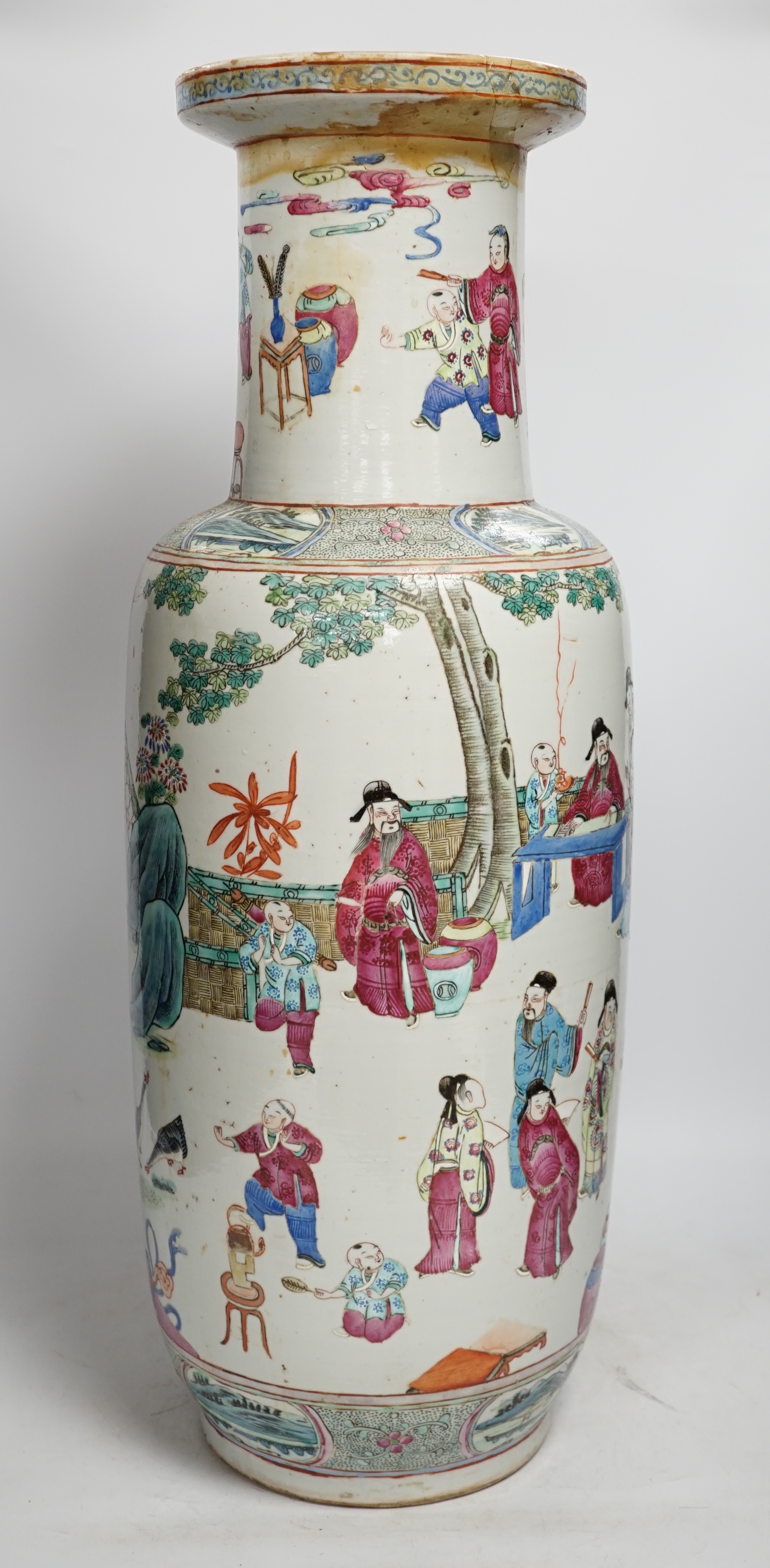 A large 19th century Chinese famille rose rouleau vase, 64cm. Condition - rim and neck have discoloured restored, otherwise fair